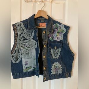 HANDMADE Denim Vest with Crochet and Floral Patches